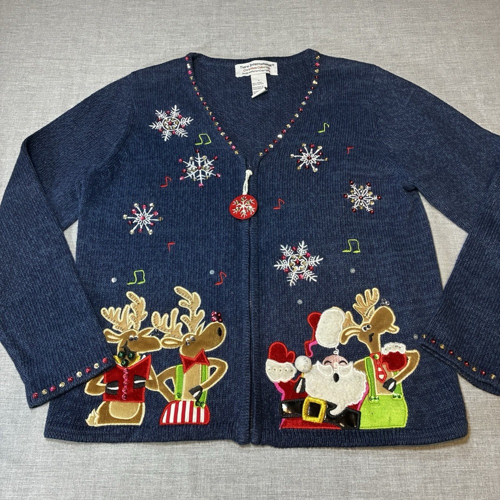 Vintage Tiara International Womens Size Large Blue Christmas Sweater Cardigan